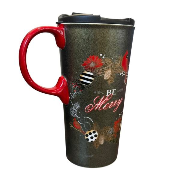 Cypress Home Ceramic Travel Coffee Latte Tea Mug BE MERRY Christmas Cardinal 17 - Picture 6 of 10